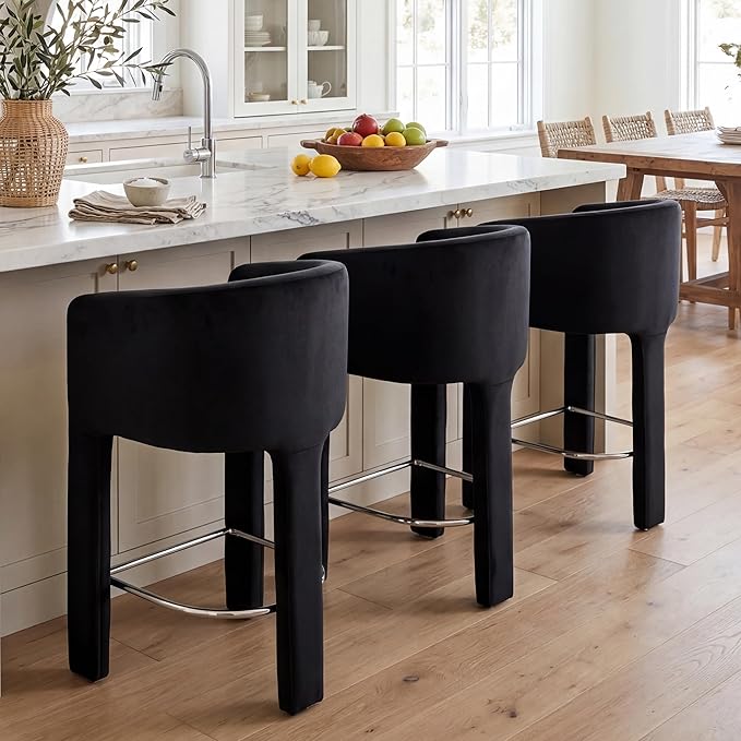 HNY Modern Counter Height Bar Stools Set of 3, 26" H Barrel Counter Stools for Kitchen Counter, Upholstered Barstools with Back and Armrest, Black Velvet Bar Stools for Kitchen Island, Black