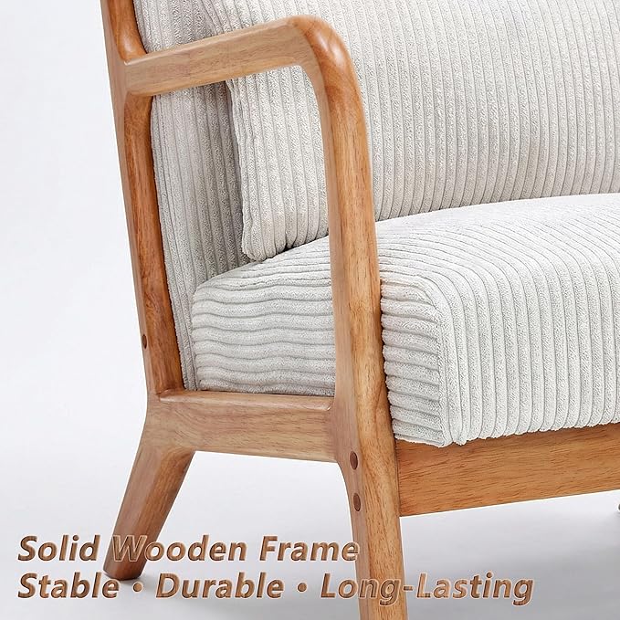 Mid Century Modern Accent Chair with Solid Rubberwood Frame, Comfy Corduroy Reading Armchair with Lumbar Pillow, Compact Lounge Chair for Bedroom, Living Room & Small Spaces, Ivory Cream