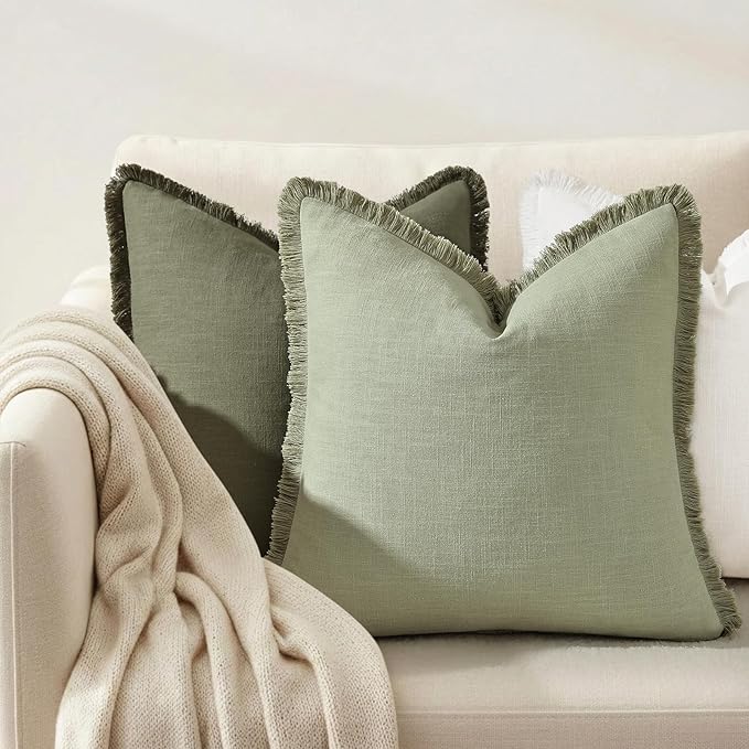 decorUhome Summer Decorative Neutral Linen Fringe Euro Sham Throw Pillow Covers Set of 2 Sage Green Pillow Covers with Tassels Soft Farmhouse Boho Accent Pillow Cases for Couch Bed Sofa 26x26 Inch