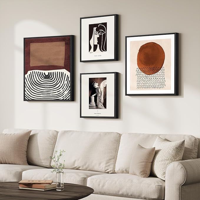 Large Framed Mid Century Wall Art for Living Room, Set of 4 Neutral Brown Black Minimalist Canvas Prints Painting, Modern Abstract Picture Artworks Wall Decor for Bedroom Office Hallway