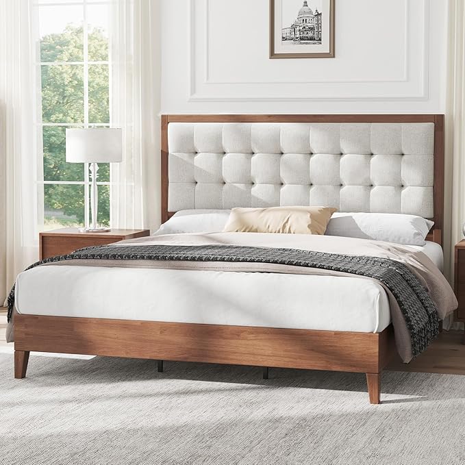 AMERLIFE Full Size Bed Frame with Headboard, Solid Wooden Bed Frame Full Size Platform Bed Frame Mid-Century Style, No Box Spring Required, Walnut | Back Support, Noise-Free, Easy Care, Sturdy Frame, Breathable Material