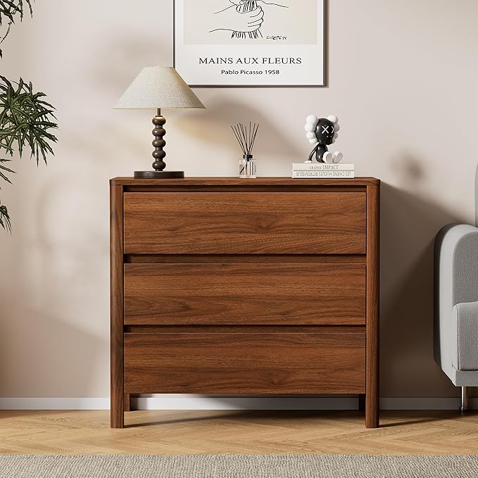 Furniway 31.5" Mid-Century Modern Dresser for Bedroom, 3 Drawer Small Chest of Drawers with Solid Wood Legs, Large Storage Bedroom Dresser, Walnut