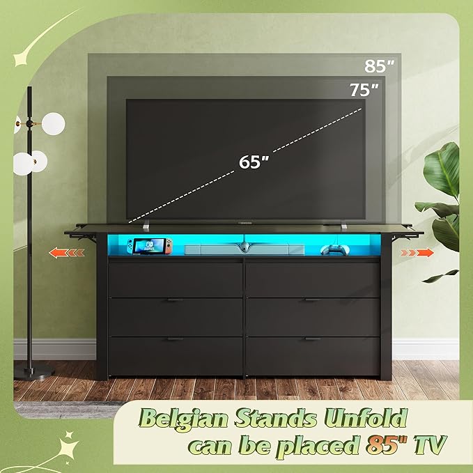 WLIVE 78 Inch LED Dresser for Bedroom, Black Dresser with Charging Station, Large Chest of Drawers Expandable with Flexible Shelves and Hanging Rack, Wood Dressers for Closet, Living Room (85" TV)