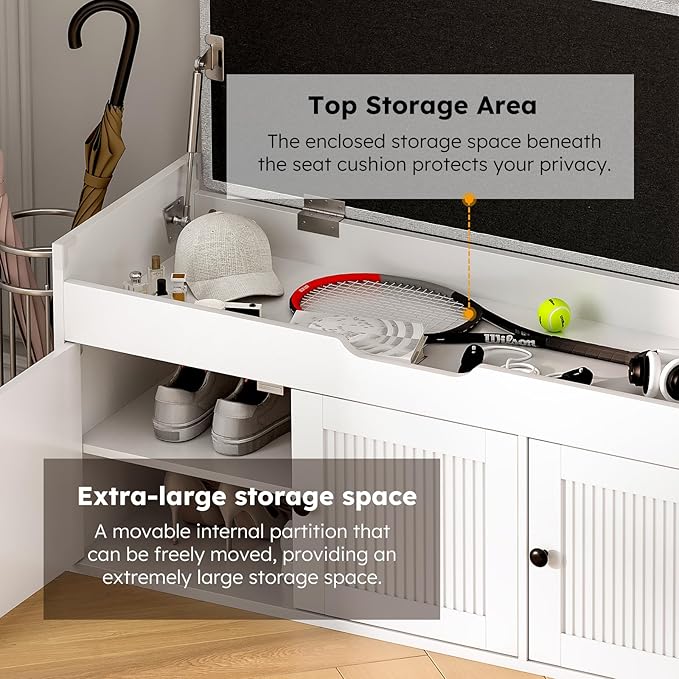 40" Storage Bench - Entryway Shoe Bench with 3 Doors and Top Storage Area, Multifunctional Entryway Bench with Lift Top Cushion, Shoe Storage Bench for Bedroom, Living Room, White
