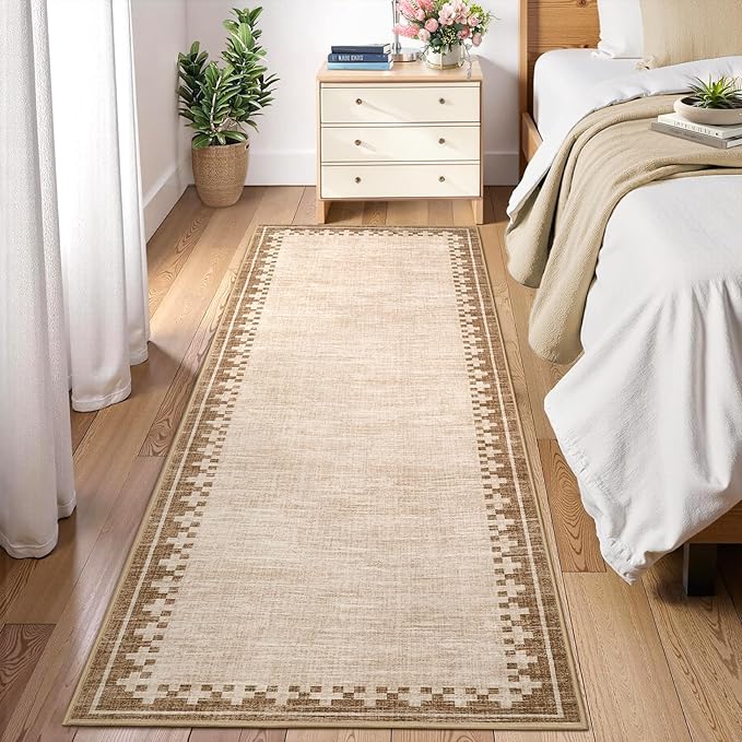 GarveeHome Modern Bordered Runner Rug 2x6 for Hallway Non Slip Low Pile Neutral Kitchen Runner Rugs Washable Bedroom Throw Carpet Geometric Cross Runners Mat for Living Room Nursery Laundry, Beige