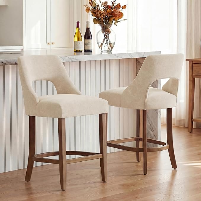 UVV Bar Stools Set of 2, Upholstered Counter Height Bar Stools, Modern Counter Stools with Wood Legs for Kitchen Island Dining Room Bar, Beige