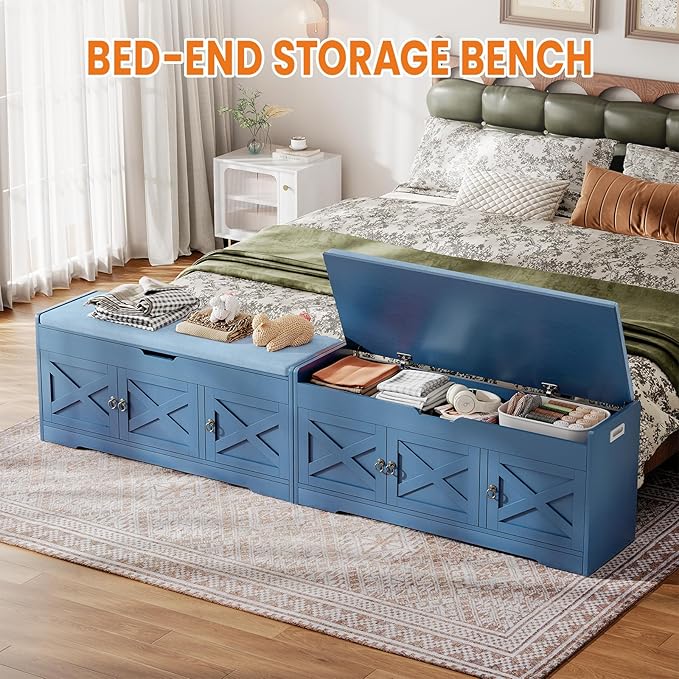 Farmhouse Shoe Storage Bench with Cushion Seat, 3-Tier Entryway Bench with Lift Top Storage and Adjustable Shelf, Bench for Hallway, Bedroom, Blue