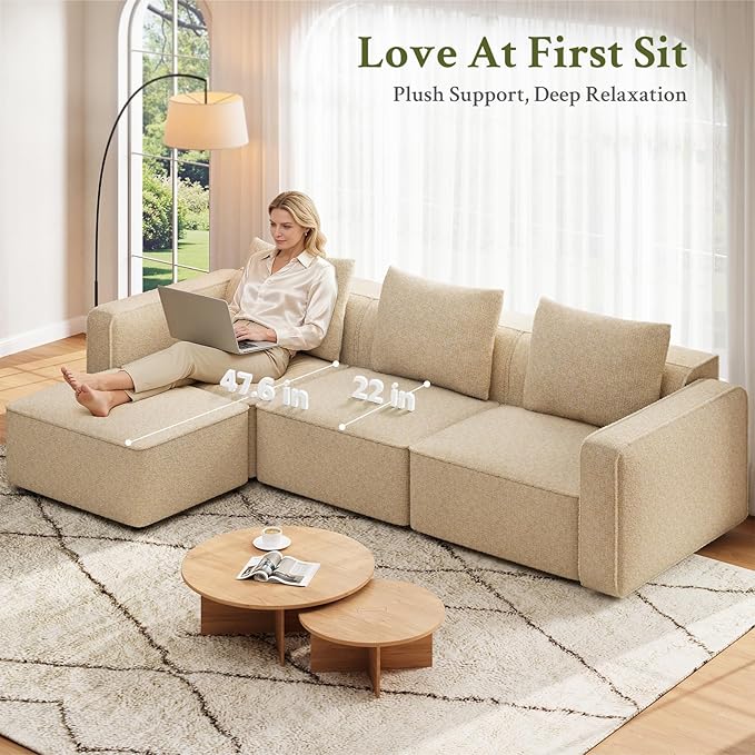 Welzona 103" Modular Sectional Sofa, Minimalist Comfy Cloud Couch Sectional, Tool-Free Setup Couches for Living Room, Wood Frame l Shaped Couch with Ottoman, 22" Deep Seat Chenille Cloud Sofa