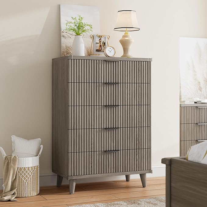 Lulive Dresser for Bedroom Wood Tall Dressers Drawers, Fluted Modern Dresser 5 Drawers (Dark Grey Oak)