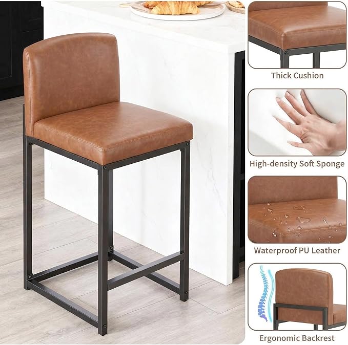 GarveeHome Bar Stools Set of 4, Modern Counter Height Bar Stools with Back and Footrest, Faux Leather Upholstered Barstools Chairs for Kitchen Island Dining Room Bar, Brown