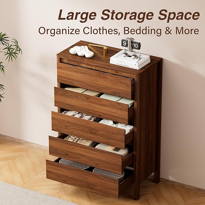 Furniway 45" Tall Mid-Century Modern Dresser for Bedroom, 5 Drawer Chest of Drawers with Solid Wood Legs, Large Storage Tall Dresser, Walnut