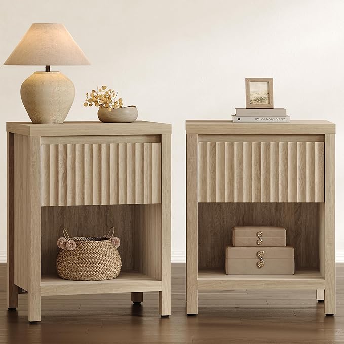 SICOTAS Fluted Night Stand Set of 2, Farmhouse Nightstands with Drawer, Boho Bedside Table with Storage Shelf, Large End Tables Bed Side Tables for Bedroom, Light Oak