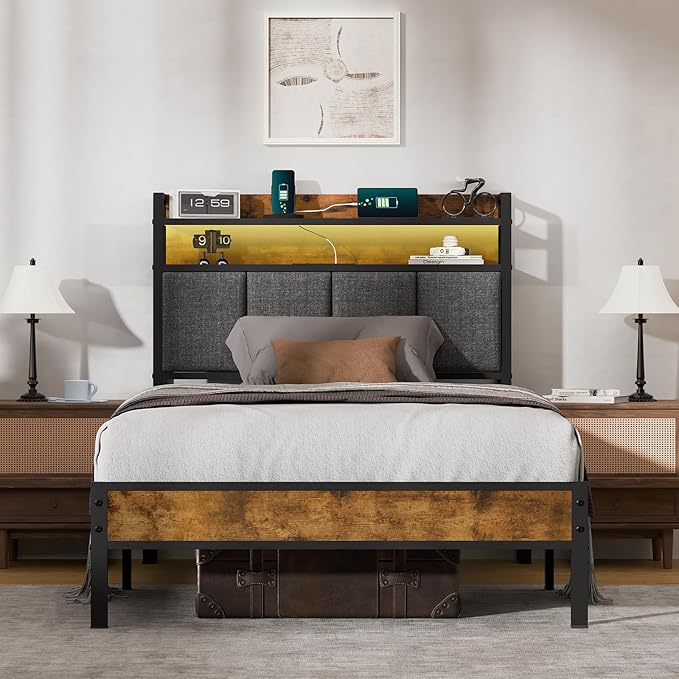 Easy Assembly Twin Bed Frame with LED Light &Charging Station, Metal Platform Bed with 2-Tier Shelves & Under Bed Storage, Upholstered Headboard&Footboard,No Box Spring Needed,Noise Free,Vintage Brown
