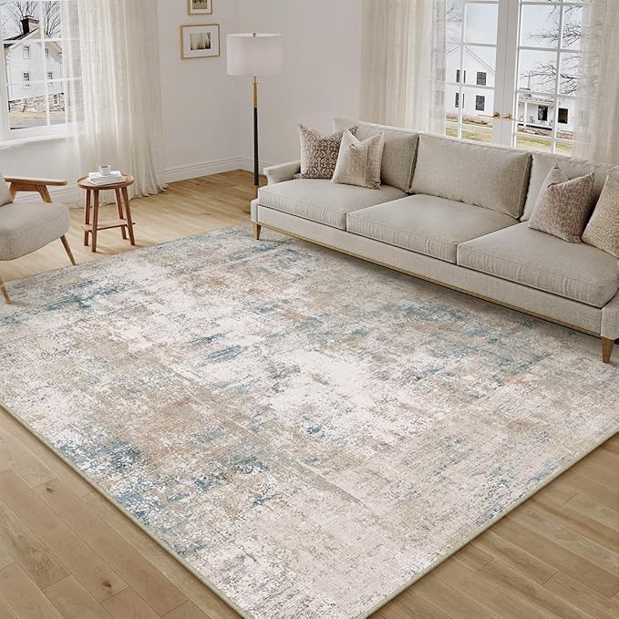 12x15 Area Rug Beige Blue Abstract Non Slip Soft Low Pile Washable Rug for Living Room Bedroom Dining Room Office Neutral Modern Indoor Extra Large Throw Carpet for Home Decor
