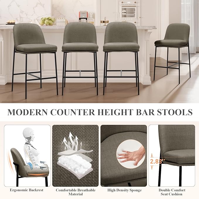 COLAMY Counter Height Bar Stools Set of 6, 25 Inch Modern Fabric Kitchen Island Stools with Back, Upholstered Counter Barstools Armless Bar Chairs with Metal Legs for Island Dining Room Bar,Brown