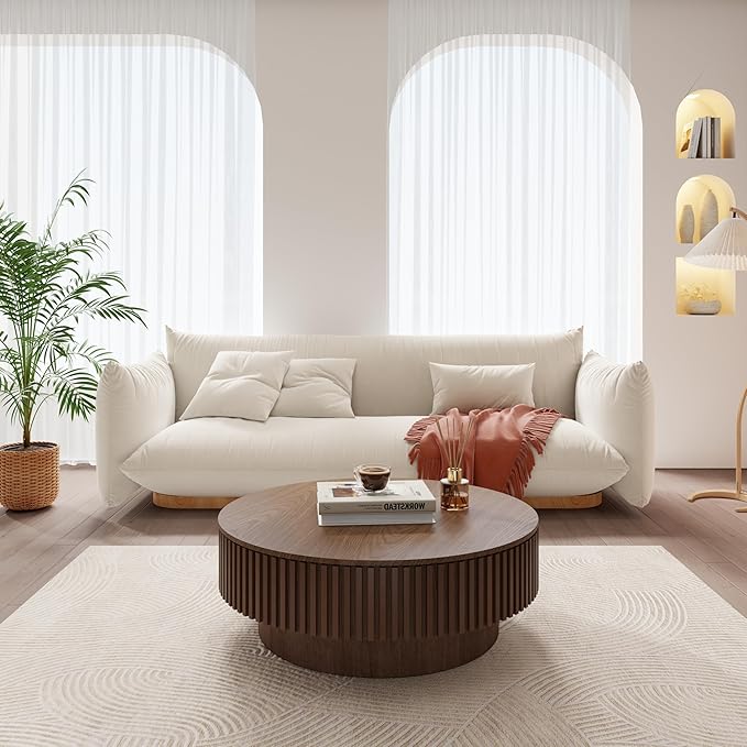 39.37'' Round Coffee Table with Storage, Modern Fluted Circle Coffee Table Unique Drum Low Center Tea Table with Solid Wood Veneered for Living Room Small Space, Mesas De Centro para Sala, Walnut