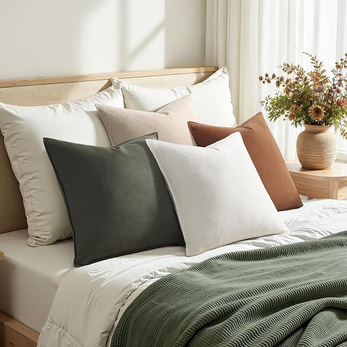 GoldOlive Solid Linen Pillow Covers Pack of 4 Decorative OliveGreen Press Edge Design Throw Pillow Covers Soft Accent Boho Couch Pillowcases Farmhouse for Living Room Bed Sofa 16x16 Inch