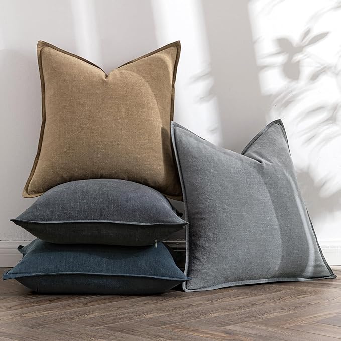 MIULEE Neutral Navy Linen Pillow Covers Pack of 4 Decorative Natural Throw Pillow Covers Soft Accent Boho Farmhouse Couch Pillowcases Coastal Home Decor for Living Room Bed Sofa 24x24 Inch