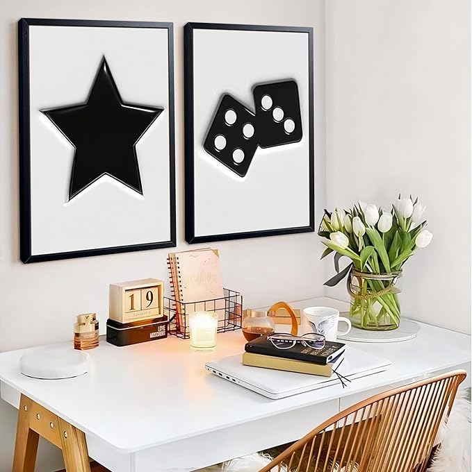 Black And White Wall Art Set of 3, Vintage Y2k Dice 8 Ball Canvas Prints Painting, Funky Lucky Preppy Posters Pictures For Game Room Apartment Dorm Teenager Room Wall Decor 16x24 Inch Framed