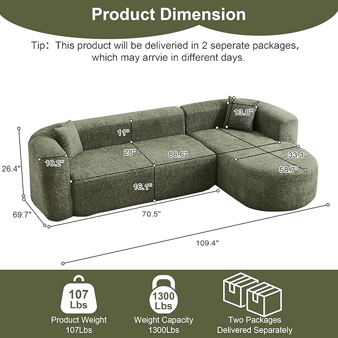 109.4" Sectional Couch with L-Shaped Chaise, Boneless Modular Sectional Sofa, Soft Chenille Sofa with Deep Seat for Living Room, No Assembly (Right-Facing Chaise, Green) | Breaathable Material