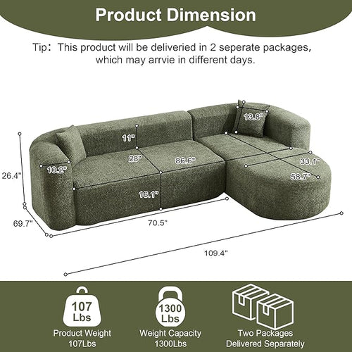 109.4" Sectional Couch with L-Shaped Chaise, Boneless Modular Sectional Sofa, Soft Chenille Sofa with Deep Seat for Living Room, No Assembly (Right-Facing Chaise, Green) | Breaathable Material