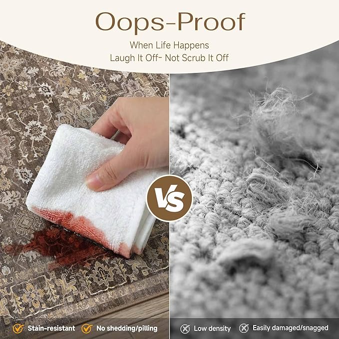 5x7 Brown Washable Vintage Area Rug for Living Room Soft Floral Non Slip Large Rug Modern Low Pile Stain Resistance Indoor Carpet Bedroom Office Playroom Dining Laundry Room Kitchen