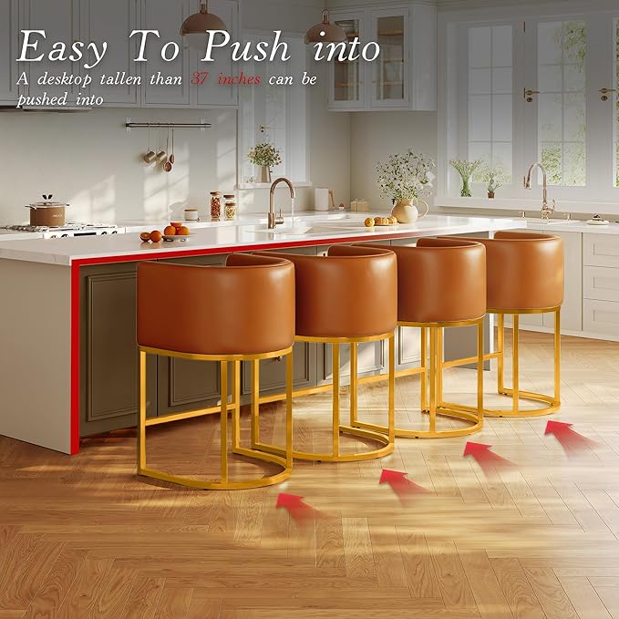Modern Counter Height Bar Stools,Bar Stools Set of 3,PU Leather Upholstered Barrel Barstools with Backs,26'' Kitchen Island Chairs,Metal Gold Frames,Camel Brown Leather