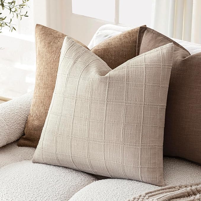 Foindtower Set of 2 Decorative Linen Check Throw Pillow Covers Neutral Farmhouse Vintage Cushion Covers Modern Boho Home Decor for Sofa Chair Couch Bedroom Living Room,26×26 Inch,Natural Linen
