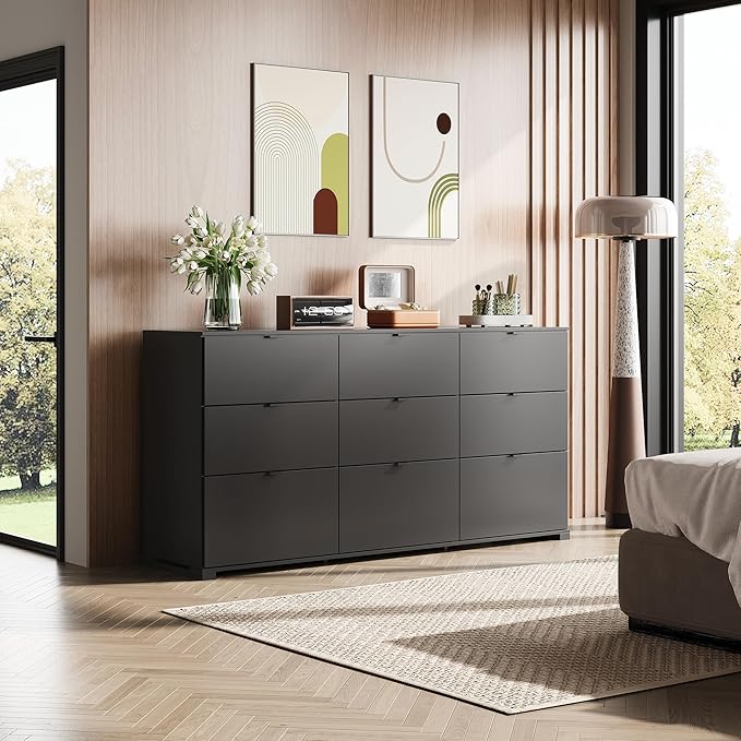 WLIVE 9 Drawer Dresser for Bedroom, 63" Wide Black Drawers Large Wooden Chest of Drawers Organize with Sturdy Metal Handle, Modern Dresser for TV Stand, Living Room Office, Hallway, Ball Bearing Slide