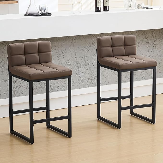 FIRAVOE Counter Height Bar Stools Set of 2, Modern Faux Leather Counter Stools with Low Back and Footrest, Upholstered Bar Chairs for Kitchen Island (Coffee Brown, 2Pcs 26" Counter Stools)