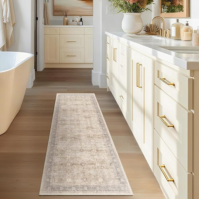 Vintage Neutral 2x5 Rug Runners for Hallways, Non Slip Machine Washable Kitchen Runner, Low Pile Lightweight Carpet Runner for Entryway/Bathroom/Corridor/Laundry Room, Earth Tone Beige Taupe