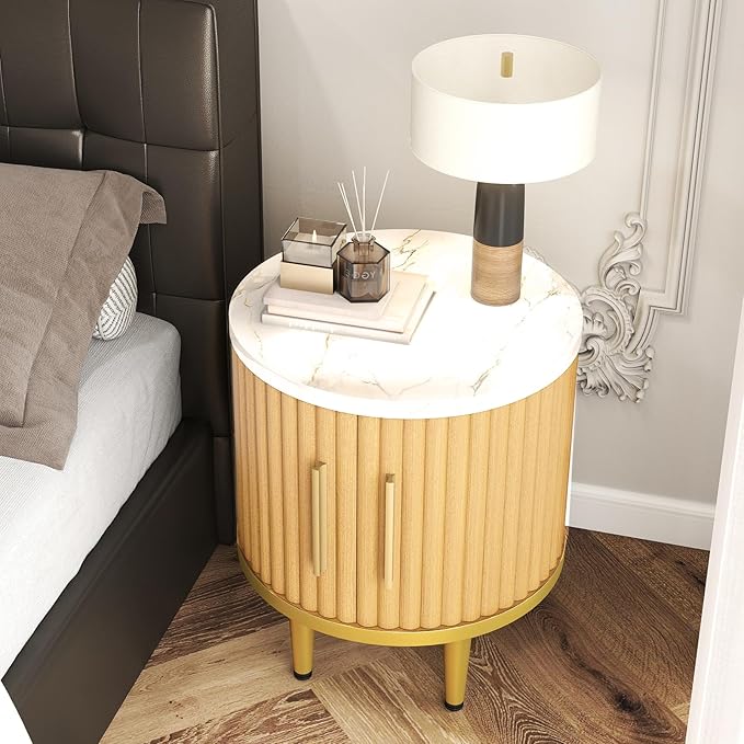 Fluted Nightstand Set of 2, Small Modern Side Table with Faux Marble Top and Metal Handle, Boho Bedside End Table with Sliding Door and Curved Corners for Bedroom,Living Room, Natural Oak