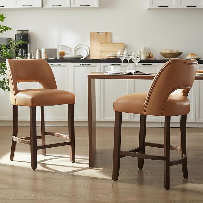 VKNOW 26" Bar Stools Set of 2, Faux Leather Counter Height Bar Stools with Backrest and Rubberwood Legs, Upholstered Barstools for Kitchen Island, Bar and Dining Room, Brown
