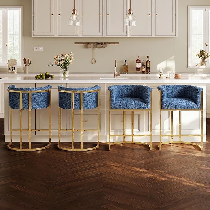 Modern Counter Height Bar Stools,Bar Stools Set of 4,Fabric Upholstered Barrel Barstools with Backs and Arms,26" Kitchen Island Chairs,Mirror Champagne Gold Base/Blue Linen