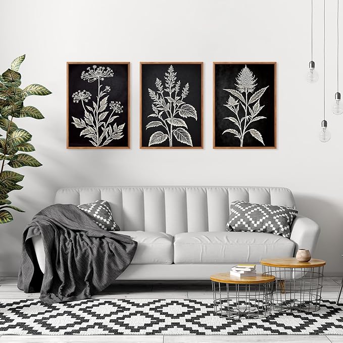 HPNIUB Vintage Floral Framed Canvas Wall Art Set, Minimalist Botanical Wall Decor, Nature Inspired Wildflower Leaf Wall Painting, Neutral Artwork for Living Room, Office(Set of 3,12X16 Inch)