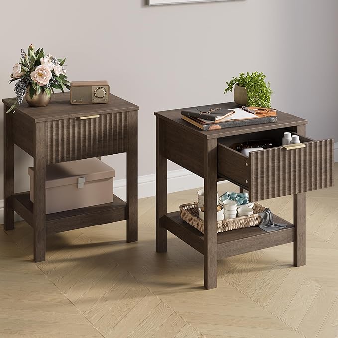 Fluted Night Stand with Golden Handle,Set of 2 Mid-Century Nightstands with Drawer,Bedside Table with Storage Shelf,Large Wood End Tables for Livingroom,Bed Side Tables for Bedroom,Walnut