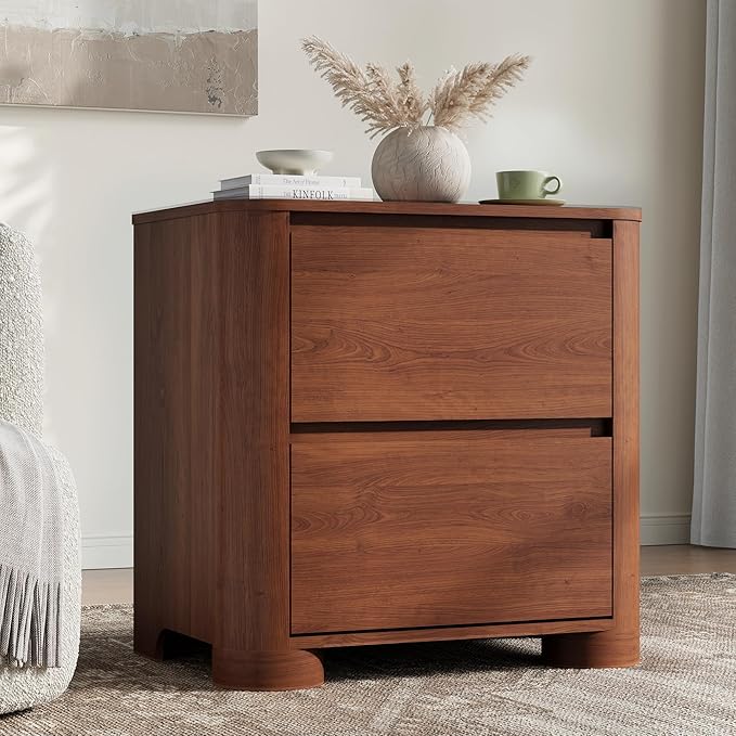Walnut Nightstand with Charging Station, 23.6" Modern Night Stand with Unique Thickened Foot and 2 Storage Drawers, Bedside Table with Rounded Corner Design for Bedroom
