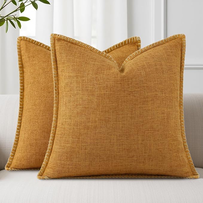 decorUhome Summer Decorative Throw Pillow Covers 26x26 Set of 2 Square Faux Linen Outdoor Neutral Farmhouse Euro Sham Pillow Covers with Stitched Edge for Couch Sofa Living Room, Bronze Gold