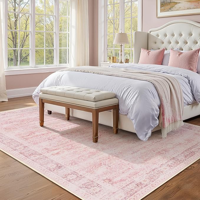 5x7 Pink Rug for Nursery, Thin Washable Rugs for Kids Room Playroom, Distressed Aesthetic Area Rugs for Bedroom Girls Dorm Romantic, Non Slip Carpet Rug for Living Room Dining Room Home Office