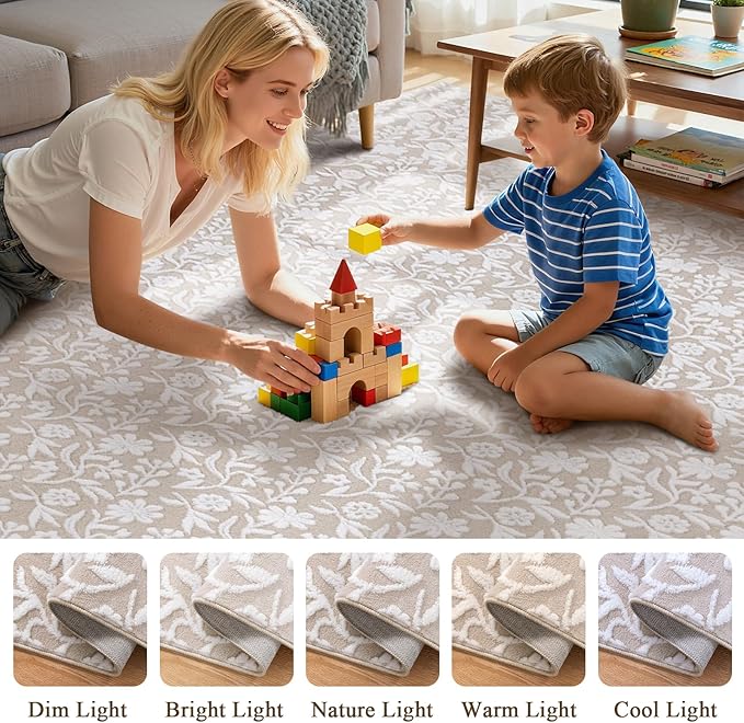 Vaukki 5x7 Area Rug for Living Room, Soft Fluffy Washable Modern Floral Indoor Floor Mat, Non Slip Shaggy Boho Accent Throw Carpet for Bedroom, Living Room, Nursery and Dining Room, Beige and White