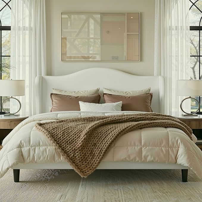 Allewie King Size Bed Frame, Upholstered Wingback Platform with 47" Tall Tufted Headboard, Plush Velvet Fabric, Modern Minimalist Design, No Box Spring Required, Tool-Free Assembly, White