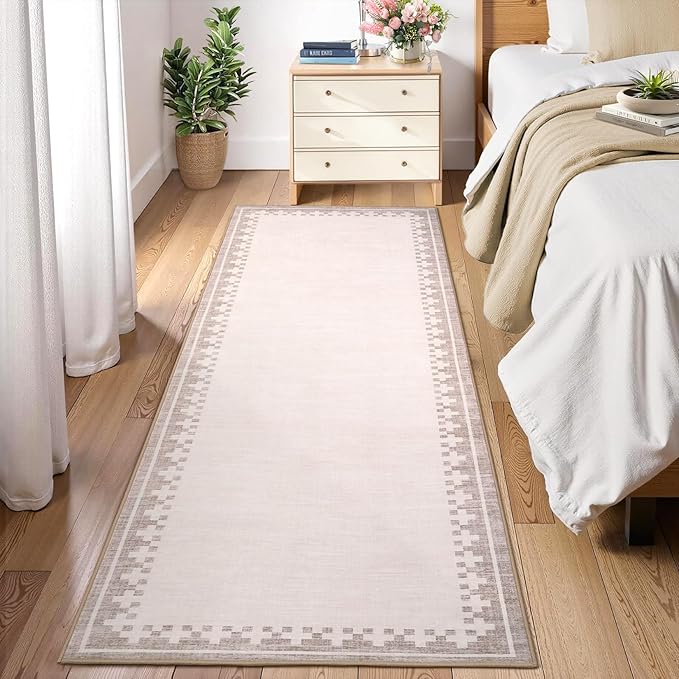 GarveeHome 2x6 Washable Entryway Hallway Runner Rug with Non Slip Back Cross Bordered Low Pile Living Room Bedroom Bathroom Carpet Modern Geometric Neutral Indoor Rugs, Light Camel/Seashell