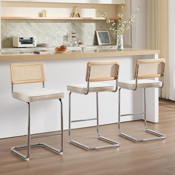 Zesthouse Natural Rattan Counter Stools Set of 2, 26" Modern Counter Height Barstools, Thick Linen Bar Stools with Solid Wood Back, Mid Century Cantilever Bar Chairs for Kitchen Island Beige Yellowish