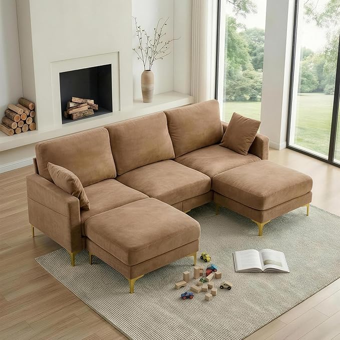 VINGLI 100" W U Shaped Couch with Ottoman, 22" Deep Seat Comfortable Sectional Couches for Living Room, 3 Seater Chenille Fabric Cloud Sofa for Apartment, Small Spaces, Bedroom, Khaki
