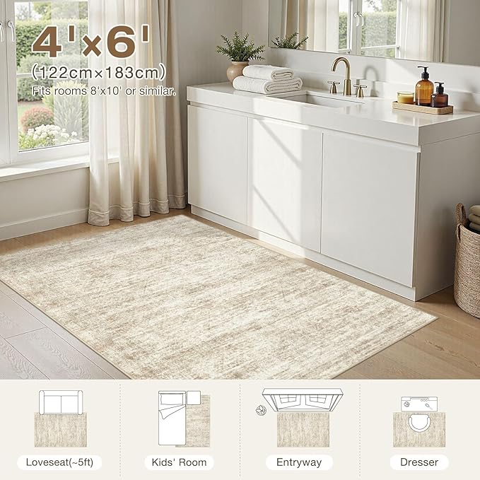 cotiled Large Area Rugs for Living Room, Machine Washable Rugs with Non Slip Backing Modern Neutral Abstract Rugs Stain Resistant Distressed Carpets for Home Office Decor (4x6 Beige/Brown)
