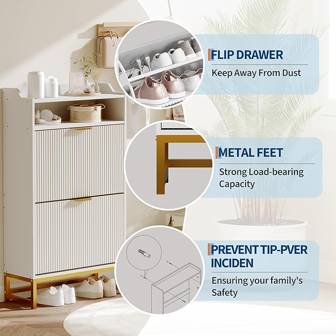 IDEALHOUSE Modern Shoe Cabinet with 2 Flip Drawers & Open Storage Shelf,Shoes Rack with Adjustable Levels,Gold Metal Handles&Fluted Panel for Entryways, Hallways, or Living Rooms(White Color)