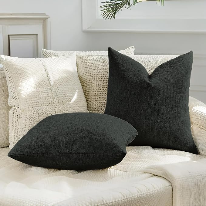 HAUSSY Black Throw Pillow Covers 16x16 Inch Set of 2,Boho Decorative Faux Linen Throw Pillows Cozy Farmhouse Accent Cushion Covers,Home Decor for Couch Sofa Bed Living Room