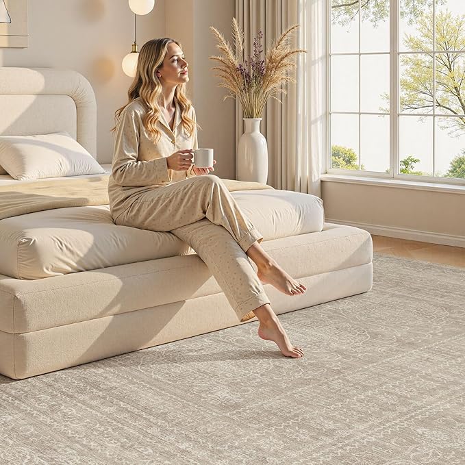 Nakagishi 5x7 Area Rugs Living Room: Washable Large Vintage Rug Neutral Non-Slip Soft Stain Resistant Indoor Carpet for Bedroom Nursery Dining Room Under Table Bed Home House Office Playroom - Brown
