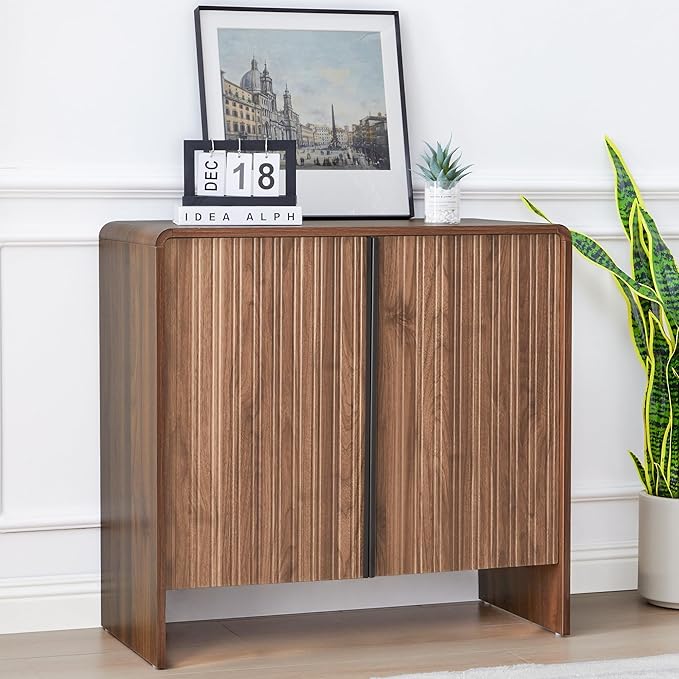 Bifins 31.5” Fluted Sideboard Buffet Cabinet with Storage,Mid Century Modern Small Wood Storage Cabinet with Arched Profile for Dining Room Kitchen Living Room (Brown 2pcs)