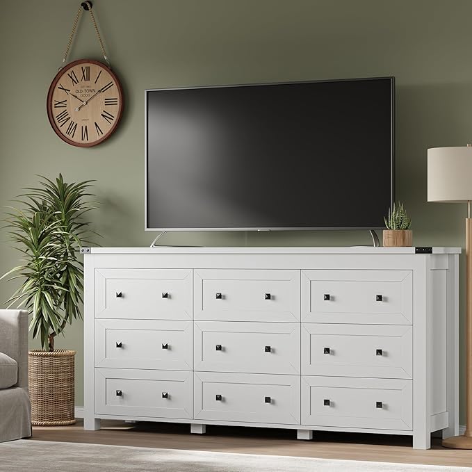 BORNOON 9-Drawer Dresser, Modern Wooden Storage Chest of Drawers, Dresser TV Stand, Wood Drawer Organizer with Metal Handles for Bedroom, Living Room, Hallway